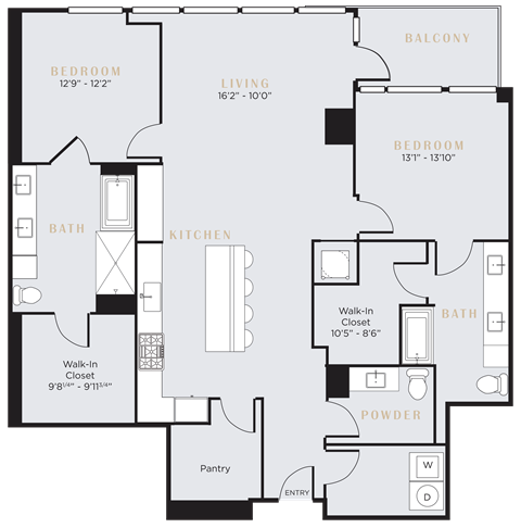 Floor plan for 2 beds, 2.5 baths, 1711 sqft